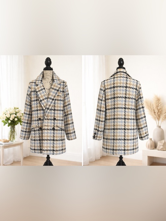 Fashion Nova Sweaters - Fashion Nova Wool Blend Houndstooth Oversized Coat - Blue/Tan/Black - Size M